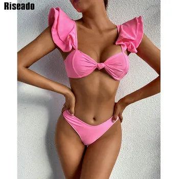 Riseado Cor-De-Rosa De Biquíni Sexy 2021 Swimwear Das Mulheres Push-Up Maiô Ruched Maiô Plissado Moda Praia Biquinis Brasileiros De Verão