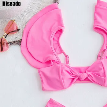Riseado Cor-De-Rosa De Biquíni Sexy 2021 Swimwear Das Mulheres Push-Up Maiô Ruched Maiô Plissado Moda Praia Biquinis Brasileiros De Verão