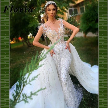 Robe De Mariee Ilusão De Vestidos De Noiva Com Beading Sereia Penas 2020 Árabe De Dubai Vestidos De Noiva Plus Size Vestido De Noiva Aibye