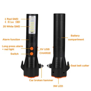 SANYI Multi-Funcional de Segurança do Carro de Fuga de Emergência Martelo com Lanterna elétrica do DIODO emissor de Luz da Janela Disjuntor USB Aviso Tocha de Luz