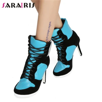 SARAIRIS Plus Size 36-47 nova marca senhora cores misturadas botas de mulheres do partido office sexy fino salto alto tornozelo botas sapatos de mulher 2020