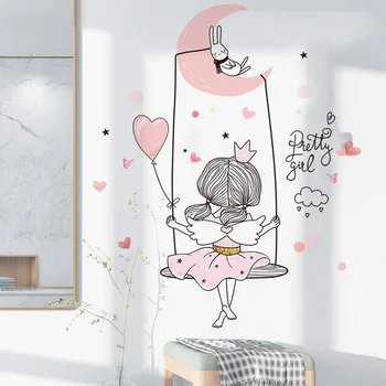 [SHIJUEHEZI] Menina dos desenhos animados do Lua Adesivos de Parede DIY Balão Mural Decalques para Crianças de Quartos de Bebê Quarto do Berçário a Decoração Home