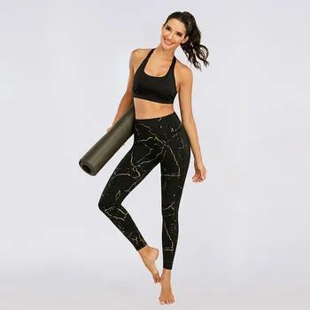SHINBENE de Ouro de Mármore Bolso de Calças de Yoga Fitness Legging Mulheres de Cintura Alta Agachamento Prova do Desporto-Treino de meia-Calça com Bolso XS-XL