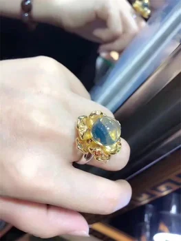 SHIQING pedra preciosa Real natureza azul âmbar grandes flores cor de ouro luxo anel de prata para mulheres
