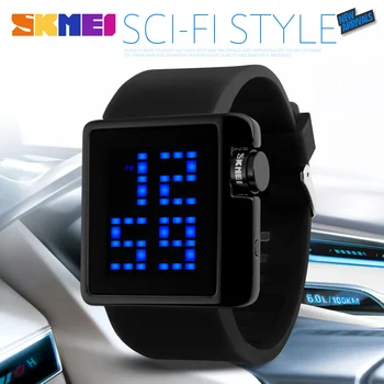SKMEI SCI-FI gratuito Chip LED Digital Mulheres Homens Relógio Quadrado de Tela Grande de Moda de Sílica Gel Pulseira de Relógio Amante de Eletrônica, Relógio de Pulso