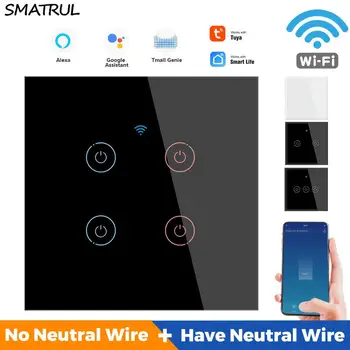 SMATRUL Tuya Smart Touch WiFi Parede, Interruptor de Luz APP Sem Fio Neutro Necessários 2 Em 1 1/2/3/4 Gangue UE Vidro Inicial do Google Alexa 220V