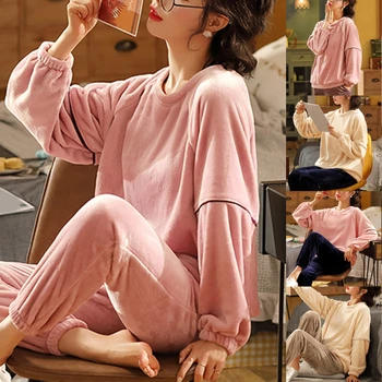 Senhoras Moda De Pijamas Para O Pescoço Mangas Compridas De Pelúcia Superior Solto Cor Sólida Elástico Da Cintura De Calças De 2 Peças De Mulheres Casual Pijama Conjunto