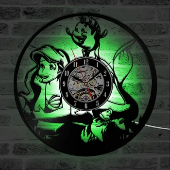 Sereia Vinly Registro Relógio Fahion Criativo Projeto dos desenhos animados feitos à mão Suspensão Relógio de Parede Estilo Antigo Relógio de Parede LED