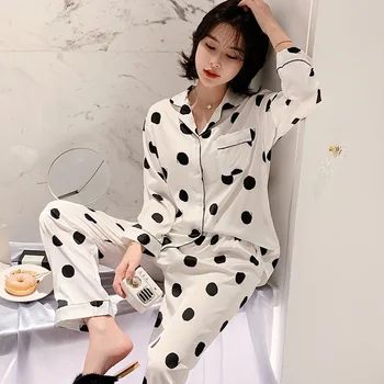 Seção fina de Gelo Seda do Pijama Feminino de Verão coreano Moda de Bolinhas de Manga Longa, de Duas peças Soltas Casa de Serviço de Terno Pijamas Mujer