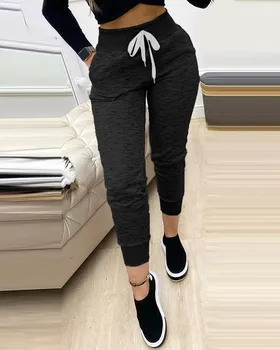Simples Cordão Design De Bolso De Calças De Moletom Mulheres De Cintura Alta Casual Esportivo Calças Corredores