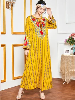 Siskakia Plus Size Vestido para as Mulheres estampa Étnica Bordado Manga Longa, Vestidos Soltos Turquia, Dubai árabe Muçulmano Roupa Amarela