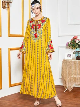 Siskakia Plus Size Vestido para as Mulheres estampa Étnica Bordado Manga Longa, Vestidos Soltos Turquia, Dubai árabe Muçulmano Roupa Amarela