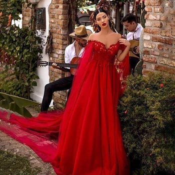 SoDigne Vermelho Tull Vestido de Baile 2020 Off Ombro Apliques de Renda Vestido de Noite comprido Pescoço de V Tule Vestido Formal robe de sarau