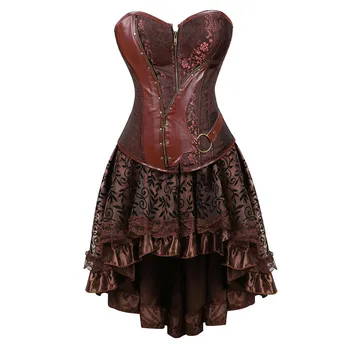 Steampunk espartilho vestido vitoriano de couro pirata overbust bustiers espartilhos, saias para as mulheres parte exótica de moda plus size marrom