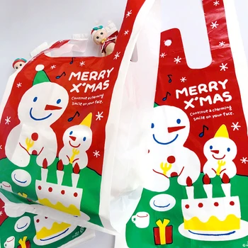 StoBag 50pcs Feliz Natal Boneco de neve de Plástico Saco de Compras de Terceiros DIY Lanche Artesanal Com Alça de Alimentos Sacos Reutilizáveis Mercearia