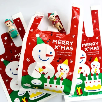 StoBag 50pcs Feliz Natal Boneco de neve de Plástico Saco de Compras de Terceiros DIY Lanche Artesanal Com Alça de Alimentos Sacos Reutilizáveis Mercearia