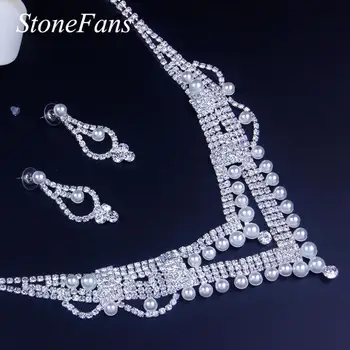 StoneFans Casamento Simulado Pérola Conjuntos De Jóias, Colares, Brincos Define Lindo Strass Cristal Acessórios De Noiva