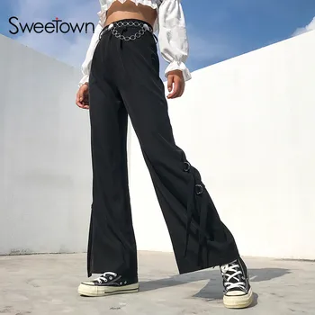 Sweetown Preto Sólido Cintura Alta Wide Leg Pants Fita De Retalhos Estilo Coreano Mulheres Casual Solta Flare Pants Outono Streetwear