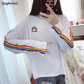 T-shirts Mulheres do arco-íris Listrado com Bordados de Moda Estudantes Estilo coreano Mangas compridas Solta Ins Harajuku Elegante das Mulheres de Novo Chique