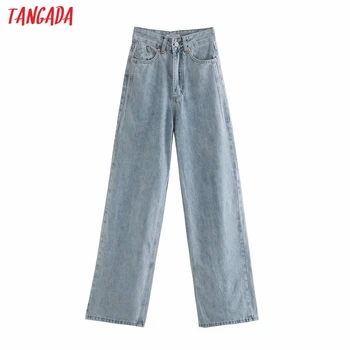 Tangada 2020 outono inverno mulheres de cintura alta overlength calças jeans calças de bolsos com zíper feminino de perna larga, denim, calças de 4M520