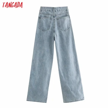 Tangada 2020 outono inverno mulheres de cintura alta overlength calças jeans calças de bolsos com zíper feminino de perna larga, denim, calças de 4M520
