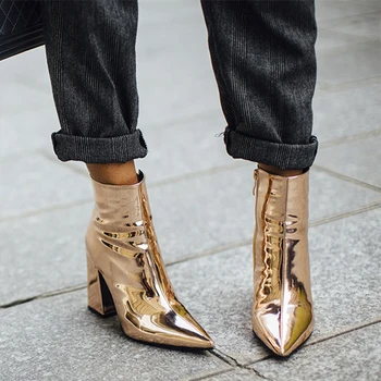 Tira Ouro Mulheres Ankle Boots Dedo Apontado Grossas Botas De Salto Alto Espelho Metálico Mulheres Bombas 