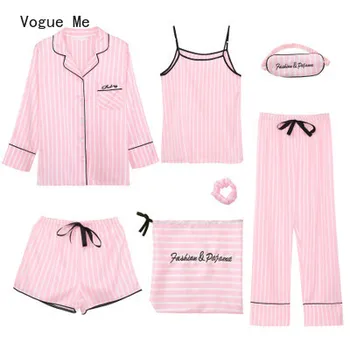 Todas as Estações Popular coreano-Estilo Seda Artificial de Morango Sete peças Pijama Mulheres de Manga comprida, Doce de Seda Homewear Conjunto