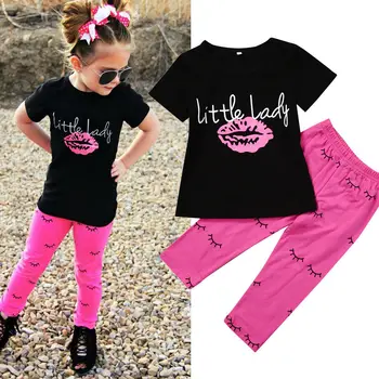 Toddler Meninas Conjunto de Roupa de Letra Beijo de Impressão de T-shirt Top+Cílios Impressão Calças compridas Roupa Roupas de Bebê 2PCS 1-6Y Vermelho da Rosa