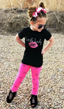 Toddler Meninas Conjunto de Roupa de Letra Beijo de Impressão de T-shirt Top+Cílios Impressão Calças compridas Roupa Roupas de Bebê 2PCS 1-6Y Vermelho da Rosa