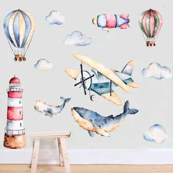 Tofok pintados à Mão, Avião, Balão de Tubarões Adesivo de Parede de Quarto de Crianças de Berçário Sala de estar papel de Parede de Vinil Mural a Decoração Home