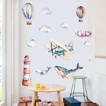 Tofok pintados à Mão, Avião, Balão de Tubarões Adesivo de Parede de Quarto de Crianças de Berçário Sala de estar papel de Parede de Vinil Mural a Decoração Home