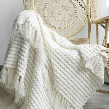 Um pouco Sonolento Malha Jogar Thread Cobertor, com borlas Nórdicos Manta de Viagem de TV Nap Malha de Mantas para o Sofá-Camas Capa Colcha