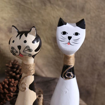 VILEAD 28cm 2Pcs/Set Madeira Casal de Gatos Figuras Animal Bonito Enfeite Decoração para Casa Acessórios de Madeira para Artesanato Presentes de Casamento