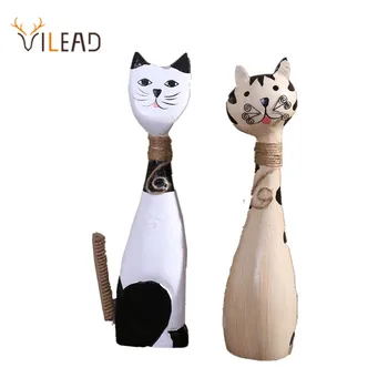 VILEAD 28cm 2Pcs/Set Madeira Casal de Gatos Figuras Animal Bonito Enfeite Decoração para Casa Acessórios de Madeira para Artesanato Presentes de Casamento