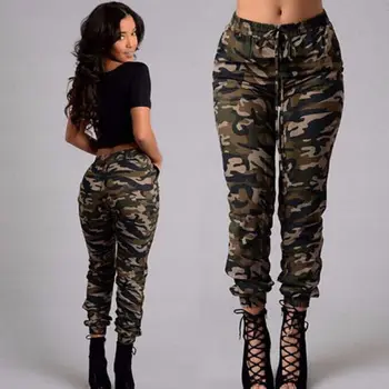 Venda Quente Nova Cós De Elástico Convergente Calças De Moda Plus Size De Camuflagem Elegante Skinny Verde Do Exército Calças Jeans Mulheres