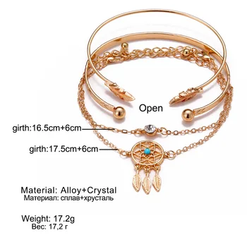 Venda quente boêmio terno pulseira com liga de cristal geométrico da folha da seta pulseira de quatro peças para mulheres modernas presentes no atacado