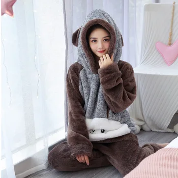 Versão coreana do selvagem solto coelho de pelúcia ouvidos casa, 2pcs pijama conjunto de pijamas PJS 2020 outono inverno mulher