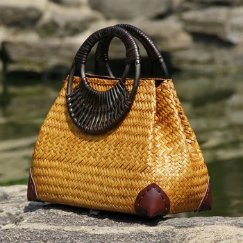 Versão tailandesa de palha das mulheres do saco o saco de mão de moda retro vaso videira saco de viagem, saco de praia madeira de bambu lidar com a bolsa