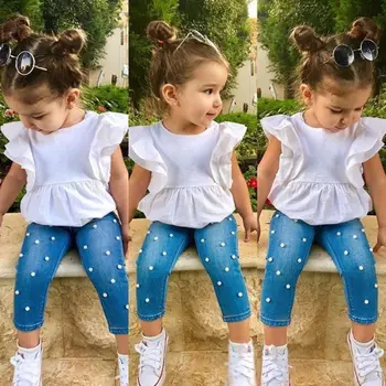 Verão, as Crianças de Meninas Bebê Definir Plissado Fly Top de Manga Vestido T-shirt de calças Jeans Calça de Roupas de Criança de Meninas 2Pcs Roupas