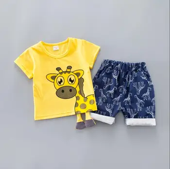 Verão de Crianças Roupas de Bebê Definido Para Meninos de 0 a 4 Anos de PANO Cortado Animais dos desenhos animados Infantis Roupas Terno Girafa Superior T-shirt Criança Roupa