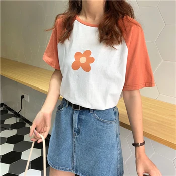 Verão de Impressão Floral coreano Ulzzang T-shirt Mulher Doce Casual O-Pescoço T-shirt de Manga Curta Solta Bonito Vestuário