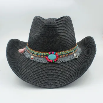 Verão de Mulheres, Homens Ocos Ocidental Chapéu de Cowboy Para Cavalheiro Palavra Ocidental Cowgirl Jazz Boné de Palha Praia de Chapéu de Sol Com Handwork