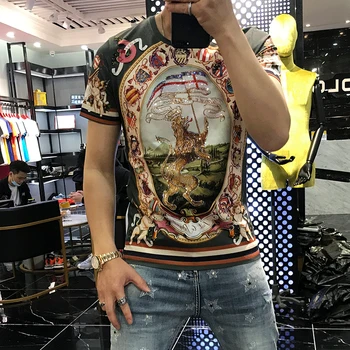 Verão de Ouro Preto, Marca de Moda, a Indústria Pesada Digital Direto de Impressão a Jato de Manga Curta dos Homens de Personalidade Tendência de T-shirt de Luxo