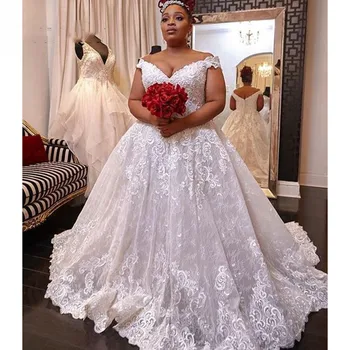 Vestido De Noiva Africano Plus Size Vestido de Noiva Fora Do Ombro Vestido de baile de Apliques de Renda Vestidos de Noiva vestido de casamento