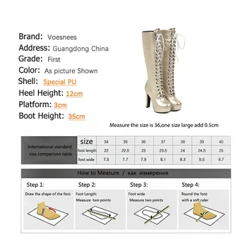 Voesnees Sapatos femininos 2020 Moda de Nova Lace-up do Joelho comprimento Botas para Mulheres Impermeável Plataforma Brilhante Grosso Calcanhar Botas de salto Alto