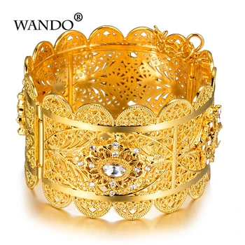 WANDO pode abrir Pulseira Cor de Ouro Vintage Relievo Rosa Flor Grande Bangle Cuff Índia Presente de casamento Jóias Pulseiras wb157