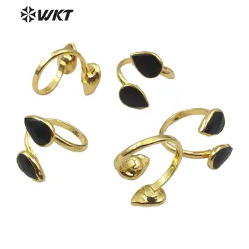 WT-R348 mais novo anel de pedra duplo lágrima negra de uma porta anel, moda de ouro galvanizado duplo pedra preta mulheres anel