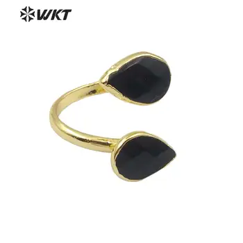 WT-R348 mais novo anel de pedra duplo lágrima negra de uma porta anel, moda de ouro galvanizado duplo pedra preta mulheres anel