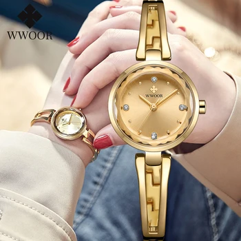 WWOOR Casual Mulheres Elegantes Relógios de Quartzo Relógio de Luxo da marca Senhoras de Ouro, relógio de Pulso Relógio de Presente Para o sexo Feminino, Pulseira de Relógio Montre Femme