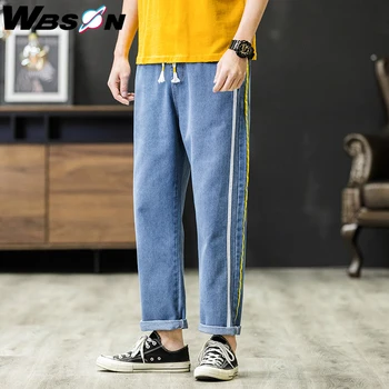 Wbson Primavera Fashion Estilo coreano Azul Jeans, Calças de Homens Soltos do Lado de brim Listrado Calças de Homens LWKS667